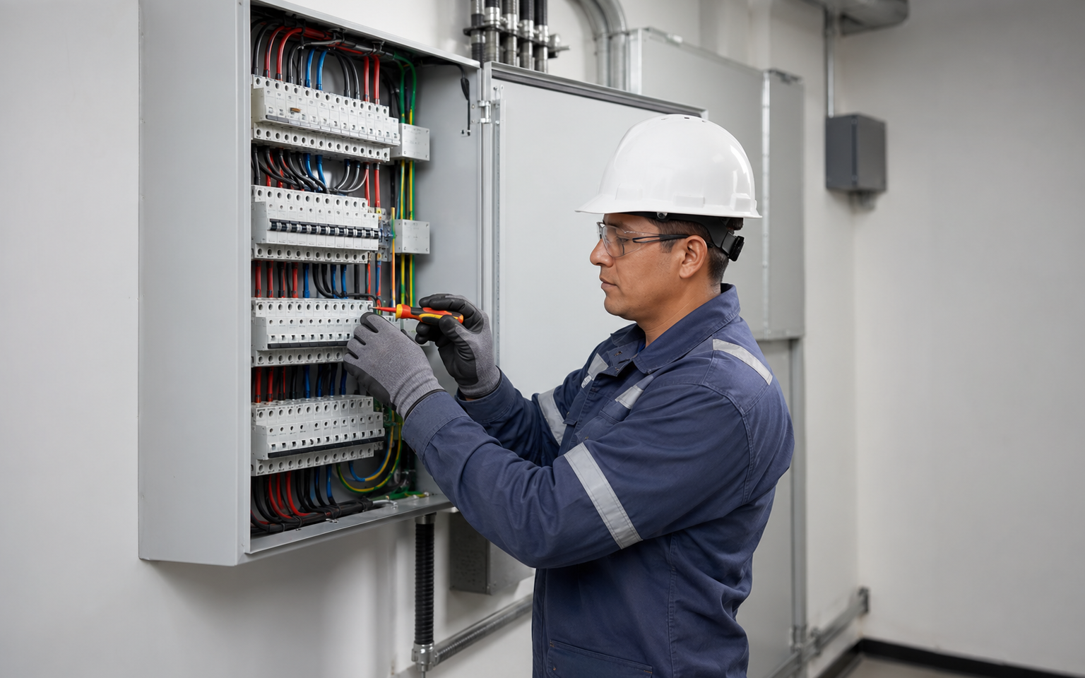 Técnico electricista trabajando en el tablero eléctrico de una pequeña empresa