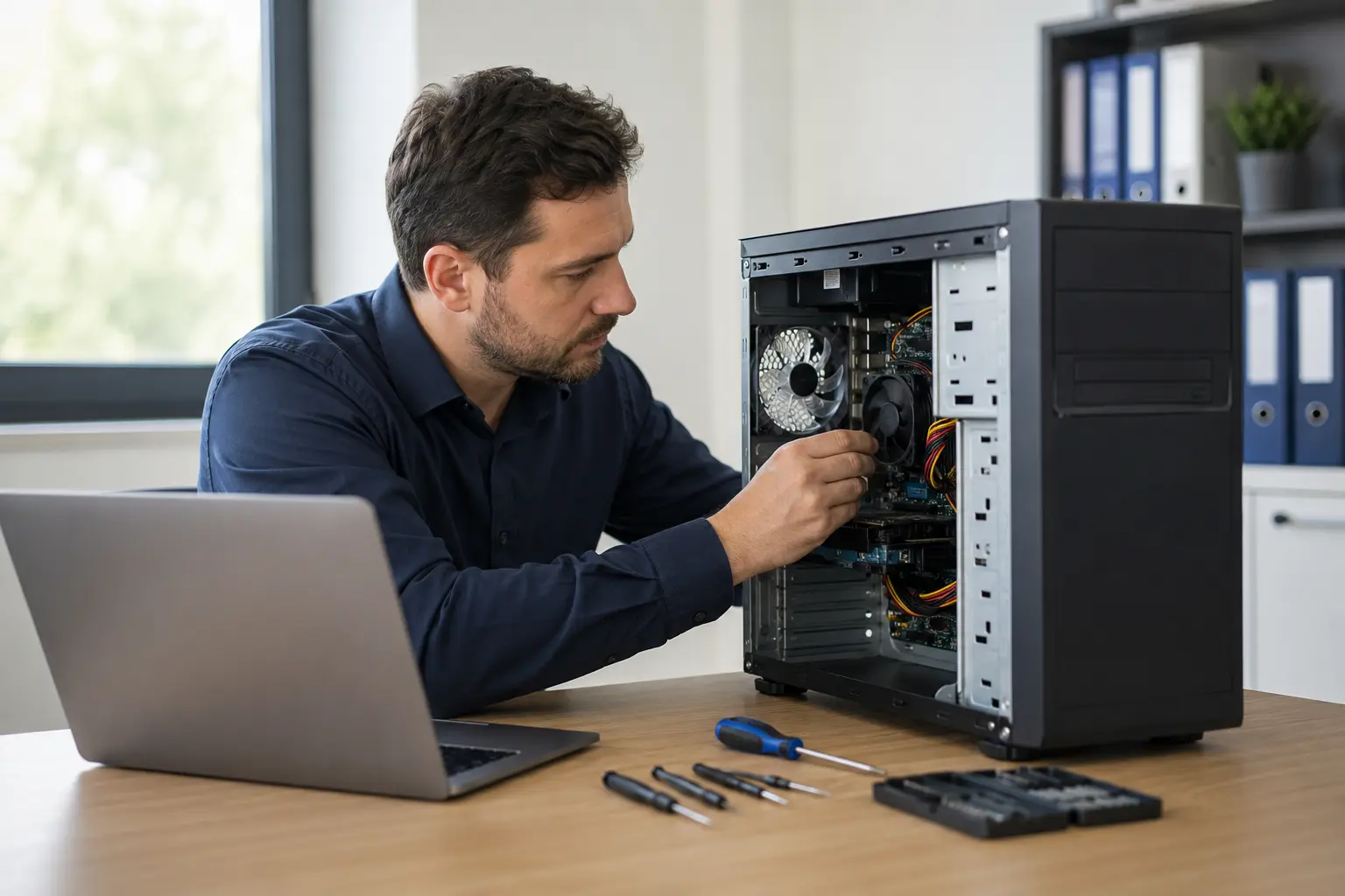 Técnico realizando mantenimiento a un computador empresarial